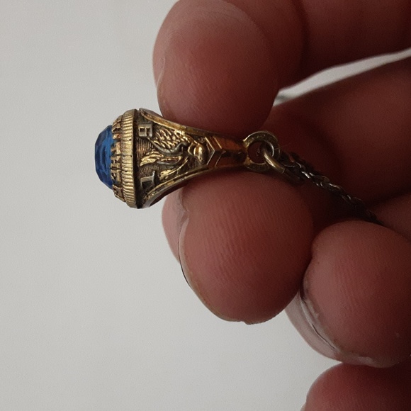 Vintage 1984 Miniature Cjass Ring Pendant/Charm Goldtone Blue Stone - Picture 6 of 6